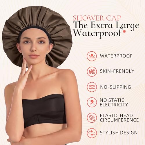 Extra Large Shower Cap for Women, Reusable Waterproof Shower Bonnet with Satin Lining, Double Layer Washable Bath Hair Cap for Braids, Locs, Long Thick Curly Hair, Natural Hair(Big Dark Coffee) - color: Dark Coffee