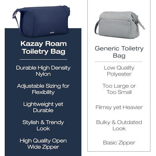 KAZAY Expandable Toiletry Bag with Side Clips for Adjustable Sizing, Premium High-Density Nylon, Open Wide Zipper, Stylish, Water Resistant, Cosmetic Bag, Makeup Bag, Full-Size Bottles, Unisex (Navy) - color: Navy