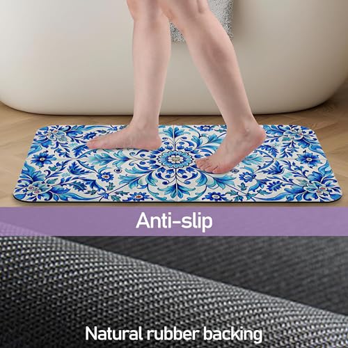 Blue Flower Bathroom Rug, Rapid Dry Absorbent with Non-Slip Rubber Base Bath Mats for Bathroom 17"x30" - color: Blue Flower