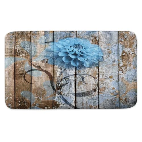 Farmhouse Floral Flower Bath Mat, Dahlia Rustic Wooden Plank Country Barn Wood Blue Flower Non-Slip Flannel Soft Doormat Floor Entryways Outdoor Indoor Front Door Mat, (17X29) - color: Blue, size: 1'5" x 2'5" (Rectangular)
