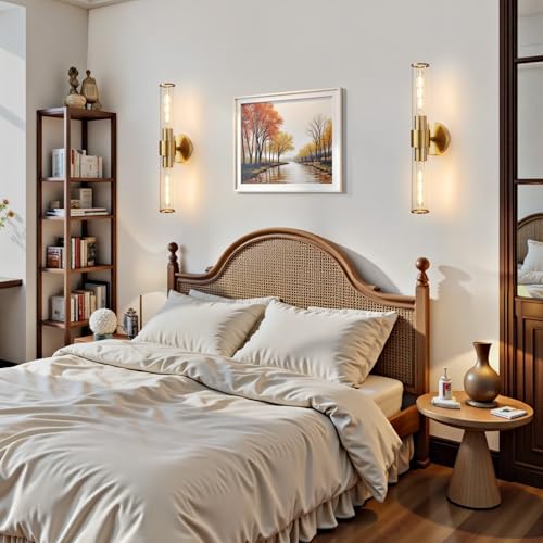 Gold Wall Sconce 2 Pack Hardwired, Bathroom Light Fixtures Clear Glass Featuring Two E26 sockets, Vanity Lights Fixtures for Bathroom, Dimmable - Bulb Not Included, UL Certification - color: Gold Clear Glass-2Pack