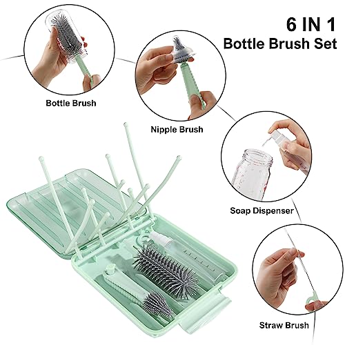 Bottle Brush Set -Baby Travel Essential-6 in 1 Bottle Cleaner Kit with Silicone Bottle Brush,Nipple Cleaner Brush,Straw Brush,Soap Dispenser,Storage Box,Bottle Drying Rack for Home and Travel(Green) - color: Green