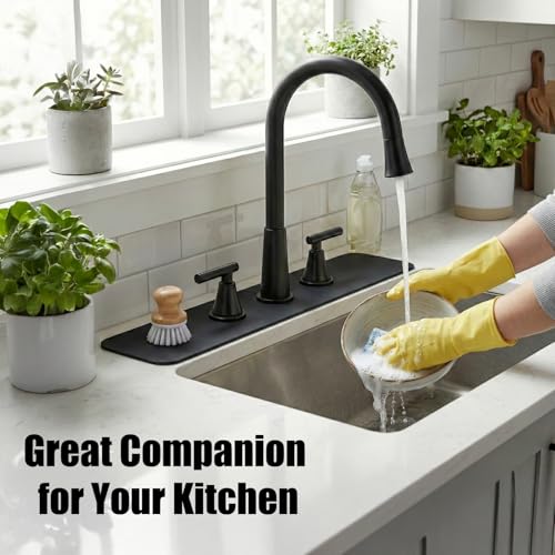 2PCS Kitchen Bathroom Faucet Mat for 3-Hole 8" Widespread Faucet, 24"x4.5" | Absorbent Splash Guard Fits Farmhouse, Vintage & Bridge Kitchen Vanity Faucets – Trimmable Drip Catcher for Irregular Sinks - color: Black, size: 24’’Lx4.5’’W