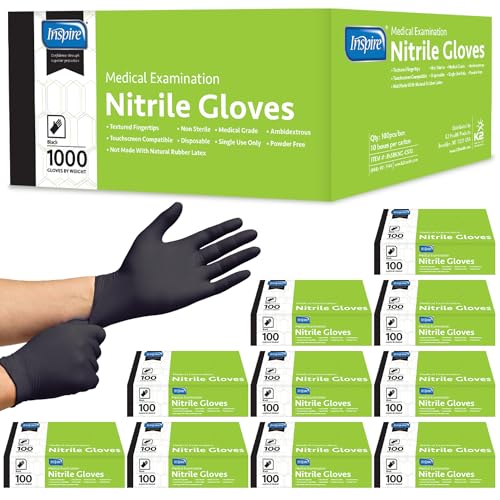 Inspire Black Nitrile Disposable Gloves | 4.5 Nitrile Disposable Safety Medical Cooking Cleaning Gloves - size: Medium, style: Black - Case of 1000