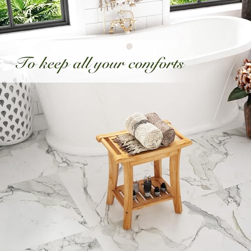 Unibambou Bamboo Shower Bench Inside Shower Stool with Storage Shelf, Spa Bath Chair for Bathroom, Seat or Organizer for Living Room, Bedroom and Garden - Great for All Ages Elderly (Small, Natural) - color: Natural, size: Small 16x10x17 Inch