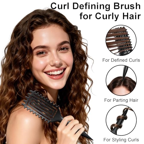 Curly Hair Brush, Curl Defining Brush with Soft Boar Bristles Detangling Tangled Glides, Wide-Teeth Design Effortlessly Shaping & Defining Curls (Black) - color: Black