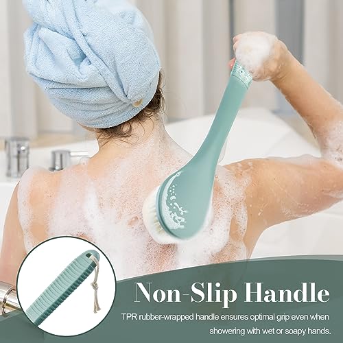 Back Scrubber for Shower, Shower Body Brush for Cleaning with Long Handle for Showering, 17 Inch Back Washer Exfoliator for Shower Men Women with Non-Slip Handle, Adhesive Hook (Pea Green) - size: Pea Green - Artificial Bristles