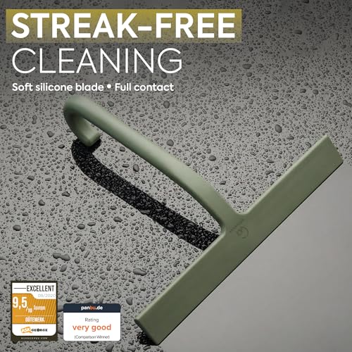 GÜTEWERK Shower Squeegee for Glass Doors – Bathroom Squeegee for Shower Glass & Tile Walls, Streak-Free & No-Squeak Silicone Blade, Stainless Steel Core, Hang Hook + Suction Cup, Green, 10 Inch - color: Green