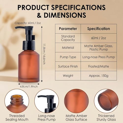 2Pcs 60ml 2oz Amber Frosted Glass Pump Bottles Lotion Dispenser Empty Refillable Travel Size Cosmetic Toiletries Sample Storage Container Vial Jar with Black Pump for Shampoo Cream