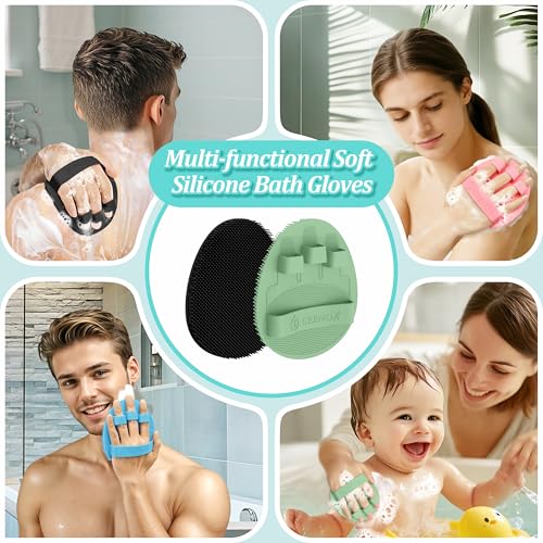 Silicone Back/Body/Face Scrubber & Soft Bath Glove Set 4PCS, Gentle Exfoliating Back & Body Scrubber with Dual-Side Brush Head, Hand-fit Bath Glove & Face Scrubber for Deep Cleaning(Green-4PC) - color: Green*4