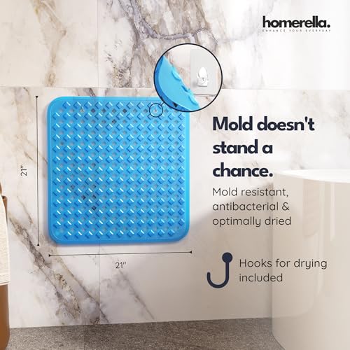 homerella® Shower Mat Non Slip Anti Mold, Non Slip Shower Mats for Inside Shower Stall Anti Slip Mat, Square Shower Floor Mat 21 x 21 in with Suction Cups & Hooks for Quick Drying, Machine Washable - color: Clear Blue