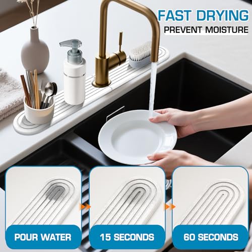 Self-Drying Stone Tray For Kitchen Sink,23.6" Water Absorbing Natura Diatomite Faucet Mat,Splash Organizer For Soap Dispenser,Sponge & Brush,Bathroom Vanity Rv Countertop Protector(white-Oval) - color: White-Oval, size: 23.6" x 4"
