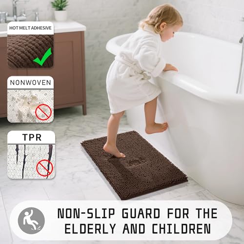 Yimobra Washable Bathroom Rugs, Super Soft & Absorbent Chenille Bath Mat for Floor & Carpet, Quick Dry Non Slip Bath Mat for Tub Shower, 24" x 17",Brown - color: Brown, size: 24" X 17"