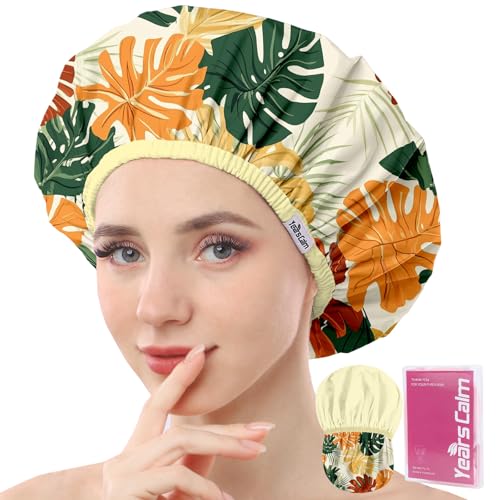 Years calm Shower Caps for Women Reusable Waterproof – Double Layer Elastic Cap with Tropical Botanical Print Shower Cap for Shower, Spa, Travel, Bath & Daily Hair Protection - color: Yellow
