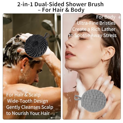 2 Pcs Larger Silicone Body Scrubber&Scalp Massager Hair Growth,Dual Sided Dual-Use,Exfoliating Body Scrubber,Wet&Dry Brush for Hair Massager Scalp,Silicone Shower Scrubber (Black and Gray) - color: Black and Gray