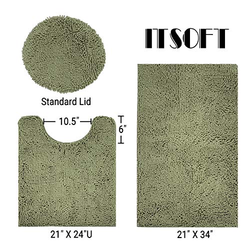 ITSOFT Standard 3pc Non-Slip Shaggy Bathroom Mat Set, Includes 24"x21" Inches U-Shaped Contour Toilet Rug, 34"x21" Inches Bathmat and 1 Toilet Lid Cover, Sage Green - color: Sage Green, size: 24''x21’’, 34’’x21’’ and TLC (Set)