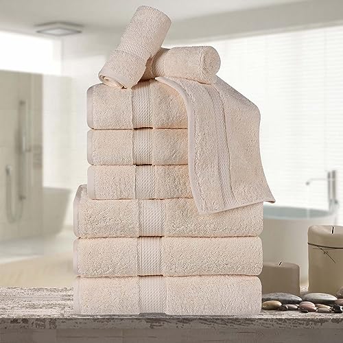 BLUENILEMILLS BNM Madeline Egyptian Cotton Heavyweight Towels, Ideal for Shower, Spa, Hotel, 800 GSM, Face/Washcloths, Hand Towels, Bath Towels, Highly-Absorbent, Luxury, 9 Piece Towel Set, Cream - color: Cream, size: 9-Piece Towel Set