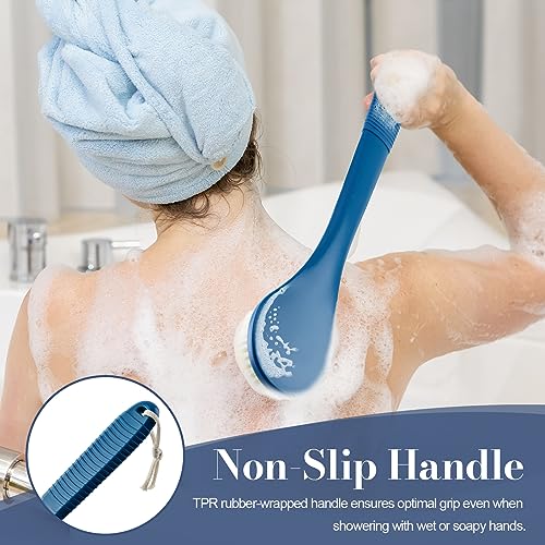 Back Scrubber for Shower, Shower Body Brush for Cleaning with Long Handle for Showering, 17 Inch Back Washer Exfoliator for Shower Men Women with Non-Slip Handle, Adhesive Hook (Navy Blue) - size: Navy Blue - Artificial Bristles