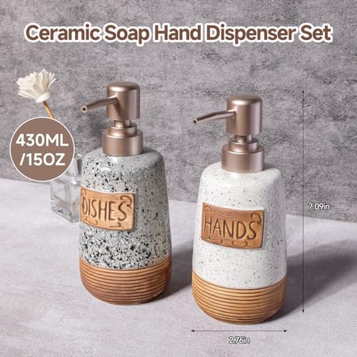 Hand and Dish Soap Dispenser Set, Farmhouse Ceramic Soap Dispenser for Kitchen Sink, 15 OZ Vintage Hand Wash Liquid Dispenser for Bathroom Farmhouse Modern Kitchen Decor Accessories - size: 15 OZ