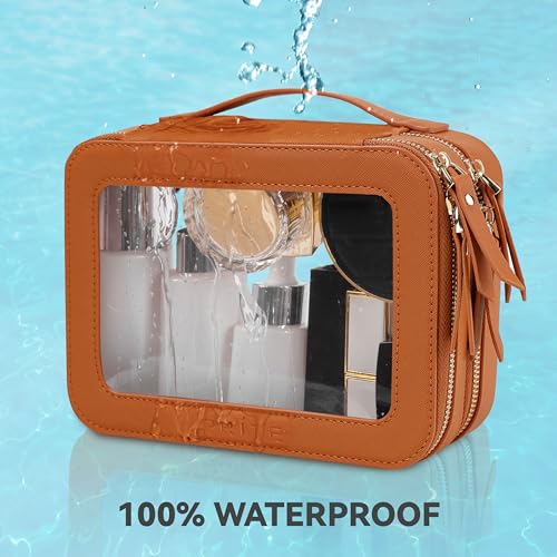 Prite Large Clear Makeup Bag Double Layer Makeup Bag for Women Travel Toiletry Bag Cosmetic Train Case with a Separate Brush Compartment for Car Essentials(Brown) - color: Brown, size: Standard - Double Layer