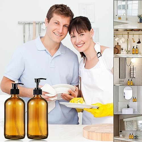 Amber Glass Soap Dispenser 16 Oz - Empty Bottles Set with Black Pumps & Lids & Lables for Refillable Shampoo Conditioner Bathroom Shower Wash Hand Body Lotion Soap Dish Kitchen Container Brown