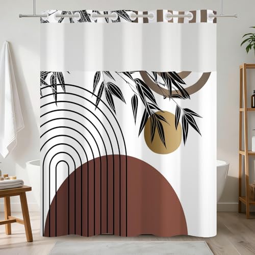 Boho Mid Century No Hook Boho Shower Curtain with Snap in Liner | 71x74 Inch, Abstract Geomrtric Shower Curtains for Boho Modern Bathroom, Mesh Top Window Waterproof Washable Fabric - color: Boho
