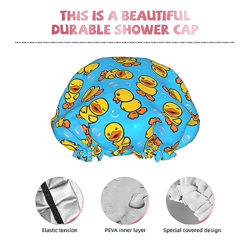 Yellow Rubber Duck Shower Cap For Women Adjustable Double Waterproof Layers Bathing Shower Hat Hair Protection Reusable Ladies Spa Salon Shower Hat - color: Rubber Duck