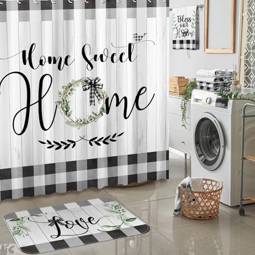 FuWeave 8 Pcs Black and White Shower Curtain Sets for Home Bathroom Green Eucalyptus Decor Rustic Plaid Bathroom Accessories Shower Curtain Sets with Towels Carpet Bath Mat Toilet Rugs and 12 Hooks - color: Home
