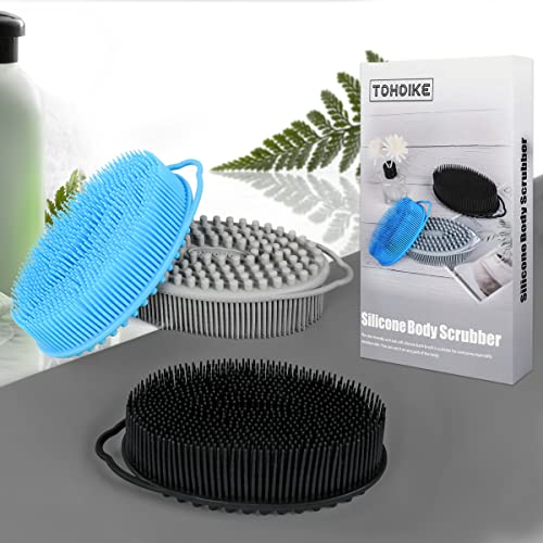 Set of 3 Silicone Body Scrubber Loofah Soft Exfoliating Body Bath Shower Scrubber Loofsh Brush (Black+Gray+Blue 010) - size: Colors: Black, Gray, Blue 010