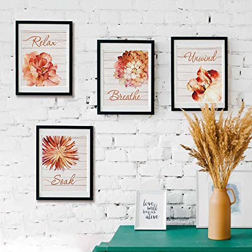 IIILUYOT Relax Soak Unwind Breathe Orange Flowers Bathroom Wall Art Decor, Boho Vintage Bathroom Poster Gifts for Women, Flower Wall Decor Set of 4(8X10in) for Home Bedroom Washroom,Unframed