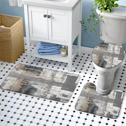 Lnond 4Pcs Bathroom Shower Curtain Sets with Rugs,Black and Grey Painting Art Bathroom Sets with Shower Curtain and Rugs and Accessories - color: Black Grey Brown Abstract