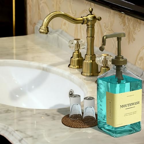 eBun Gold Mouthwash Dispenser Set, 37oz Glass Bottle with Pump & Cups | Large capacity pump dispenser for bathroom. Includes glass mouth wash bottle & matching cups for stylish daily oral care - color: Gold