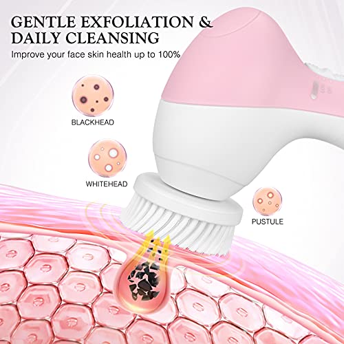 COSLUS Facial Cleansing Brush Silicone Face Scrubber: 7 in 1 FBS-D Electric Exfoliating Rotating Massage Device Waterproof Deep Cleaning Exfoliation Spa Machine - Electronic Skin Care Wash System - color: Pink, size: With 7 brush heads
