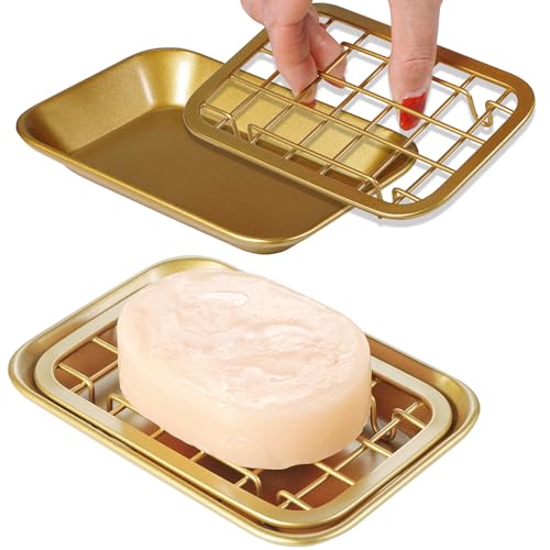Kitchen and Bathroom Soap Dish Tray - Metal 2-Piece Soap Dish Tray with Drainage Grid and Holder for Kitchen Sink Countertops to Store Soap, Sponges, Scrubbers - Rust Resistant (2 Pack, Gold) - color: Gold