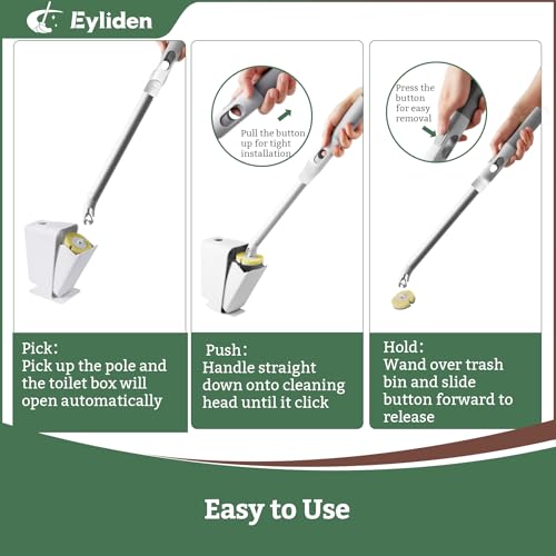 Eyliden Disposable Toilet Brush with Holder, 40-Refill Touch-Free Wand Kit | Pre-Soaked Concentrated Cleaner Sponge, Auto-open Caddy, 19.5" Aluminum Handle, 42 Set Toilet Bowl Cleaing, for Bathroom/RV