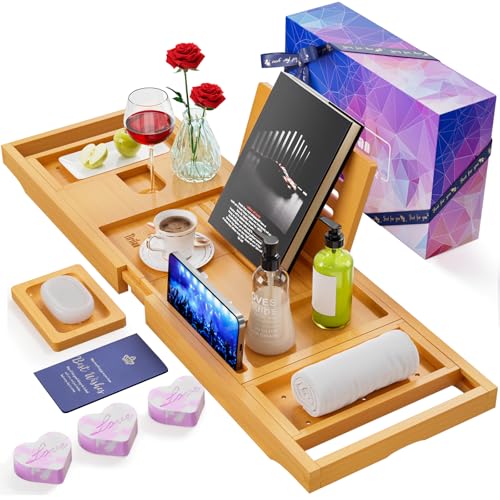 Lux Expandable Bathtub Tray Caddy with 3 Bath Bombs-Self Care and Relaxation Birthday Gifts for Women and Men, Housewarming Gift Idea, for Mom Sister Daughter Wife - color: A-bamboo-gift Set
