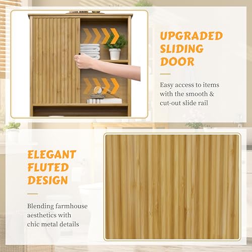 Yardenaler Over The Toilet Storage Cabinet with Fluted Doors, Bathroom Over Toilet Rack with Adjustable Shelf Bamboo FreeStanding Space-Saving Storage Organizer, Natural - color: Natural(fluted Doors)