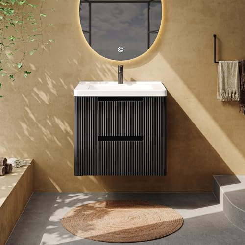 ONBRILL Modern Bathroom Vanity with Sink Combo, Curved Floating Bath Vanity with 2 Drawers, Wall Mount Bathroom Vanities with Integrated Ceramic Sink for Small Space, Apartment (Black, 24") - color: Black, size: 24"