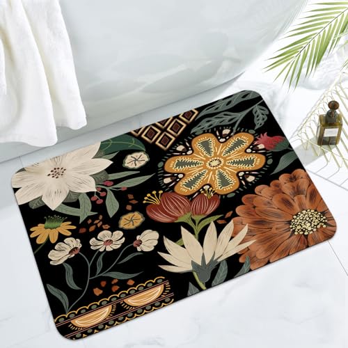 MitoVilla Boho Flower Bathroom Rug, Non Slip, Absorbent Shower Floor Mat, Washable Carpet Floor Mat for Tub, 17" x 24" - color: Boho - Flower02, size: 17" x 24"