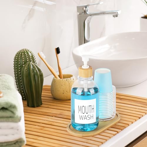 Mouthwash Dispenser with Cup Holder, Plastic Mouth Wash Pump Bottle with Tray for Bathroom Organizers, 17oz Refillable Clear Mouthwash Container - Bamboo - color: Group a - Clear