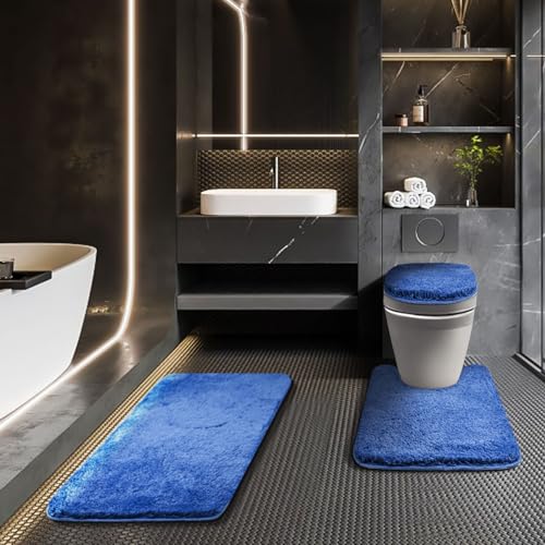 Bathroom Rugs Sets 3 Piece with Adjustable Toilet Seat Cover 17.5"x 15" Machine Washable Bath Rug Set with TPR Non Slip Rubber Backing Solid Bath Mat Set for Luxury Bathroom Decoration - color: Blue