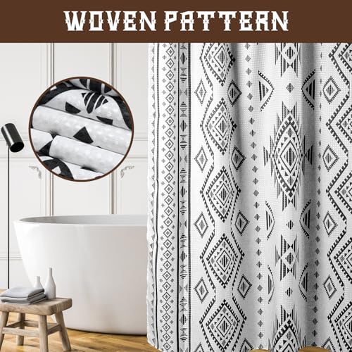 HunnmingRe Western Shower Curtain Waffle Southwest Aztec Geometric Stripes Fabric Shower Curtain Set with Hooks for Bathroom 72 x 72 Inches Farmhouse Boho Bath Curtains(Black) - color: Black