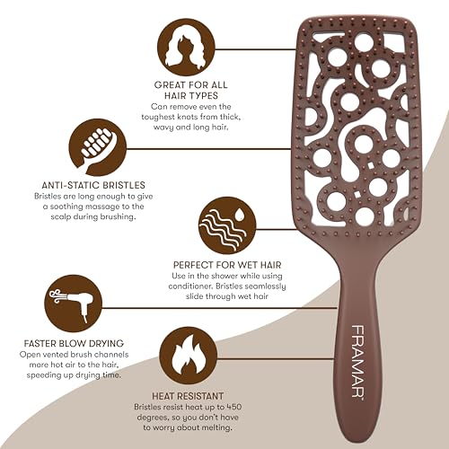 FRAMAR Professional Vented Hair Brush – Curved Hair Brush For Blow Drying, Wet Paddle Brush For Hair, Vent Brush For Blow Drying, Wet Hairbrush For Women – Heat Resistant – Chocolate - color: Chocolate