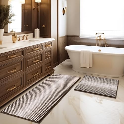 BSICPRO Bathroom Rugs and Mats Sets, 2 Piece Thick Absorbent Chenille Bath Mat Rug Set Non Slip, Soft Shaggy Bath Room Floor Mats for Bathroom, Machine Washable (Brown, 20" x 47" Plus 16" x 24") - color: Brown, size: 20" x 47" Plus 16" x 24"