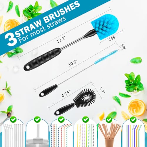 12.2 inch Bottle Brush Set of Three，Washable Coffee Cups, Water Bottles, Baby Bottles, Straws, to-go Cups, Long-Handled 3-in-1 Stainless Steel Bottle Brushes. (Black) - color: Black