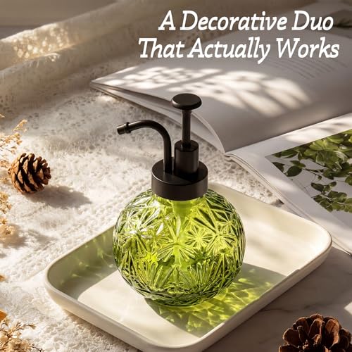Vintage Glass Soap Dispenser - Rustic Snowflake Design, 2 Pack Refillable Dish Soap Dispenser with Pump for Kitchen and Bathroom, Antique Farmhouse Decor (Green-Black Pump) - color: Green-black Pump 2p