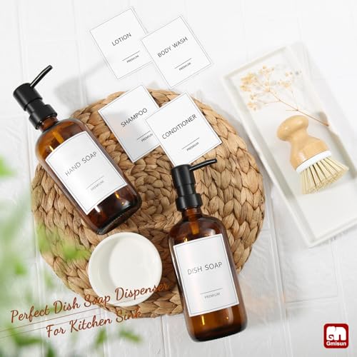 GMISUN Dish Soap Dispenser, 16 Oz Kitchen Soap Dispenser Set with Ceramic Tray & Bamboo Brush, 2 Pack Thick Amber Glass Soap Dispenser, Farmhouse Refillable Hand and Dish Liquid Soap Pump Bottle Set - color: Amber Bottles + Black Pumps