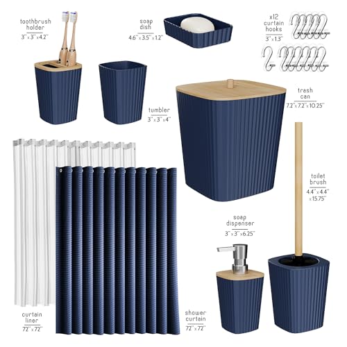 Clara Clark Bathroom Accessories Set - Bathroom Set, Bathroom Accessory Set, Shower Curtain Set, Toilet Brush, Trash Can & Soap Dispenser - Navy - 20PC - color: Navy Blue, size: Complete Set