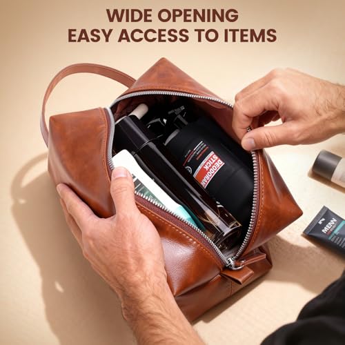 Mens Toiletry Travel bag,Personalized Toiletry Bag for Men,Water Resistant PU Leather Toiletry bag Men,Brown Toiletries Travel Bag for Shaving,Birthday Gifts for Men Him Father Husband Dad -M - style: Brown M