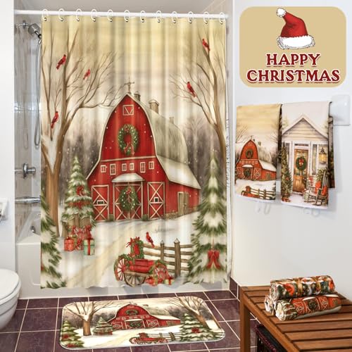 FuWeave 8 Pcs Christmas Shower Curtain Set Xmas Santa Bathroom Decoration Christmas Tree Hand Towels Snowman Toilet Lid Cover Bathroom Rugs Xmas Shower Curtain with Hooks(Farmhouse Style) - color: Farmhouse
